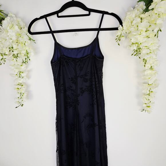 Y2K Navy Blue Black Velvet Burnout Mesh Floral Maxi Slip Dress Medium Whimsigoth - Picture 8 of 16